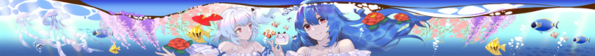 2girls ahoge balusah bili_girl_22 bili_girl_33 bilibili_douga blue_hair blush bubble closed_mouth collarbone eyebrows_visible_through_hair fish hair_ornament highres jellyfish long_hair long_image looking_at_viewer looking_away multiple_girls official_art play_button red_eyes short_hair short_ponytail side_ponytail smile wide_image