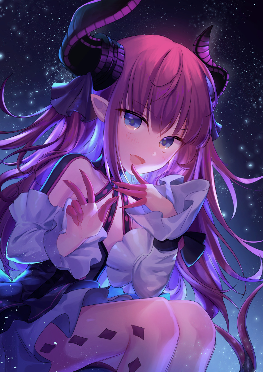 1girl absurdres alpha_(ypalpha79) bangs black_ribbon blue_eyes blush curled_horns elizabeth_bathory_(fate) elizabeth_bathory_(fate)_(all) fang fate/extra fate/extra_ccc fate_(series) forked_tail hair_ribbon highres light long_hair long_sleeves looking_at_viewer night night_sky open_mouth pink_hair pointy_ears ribbon sky solo star_(sky) tail
