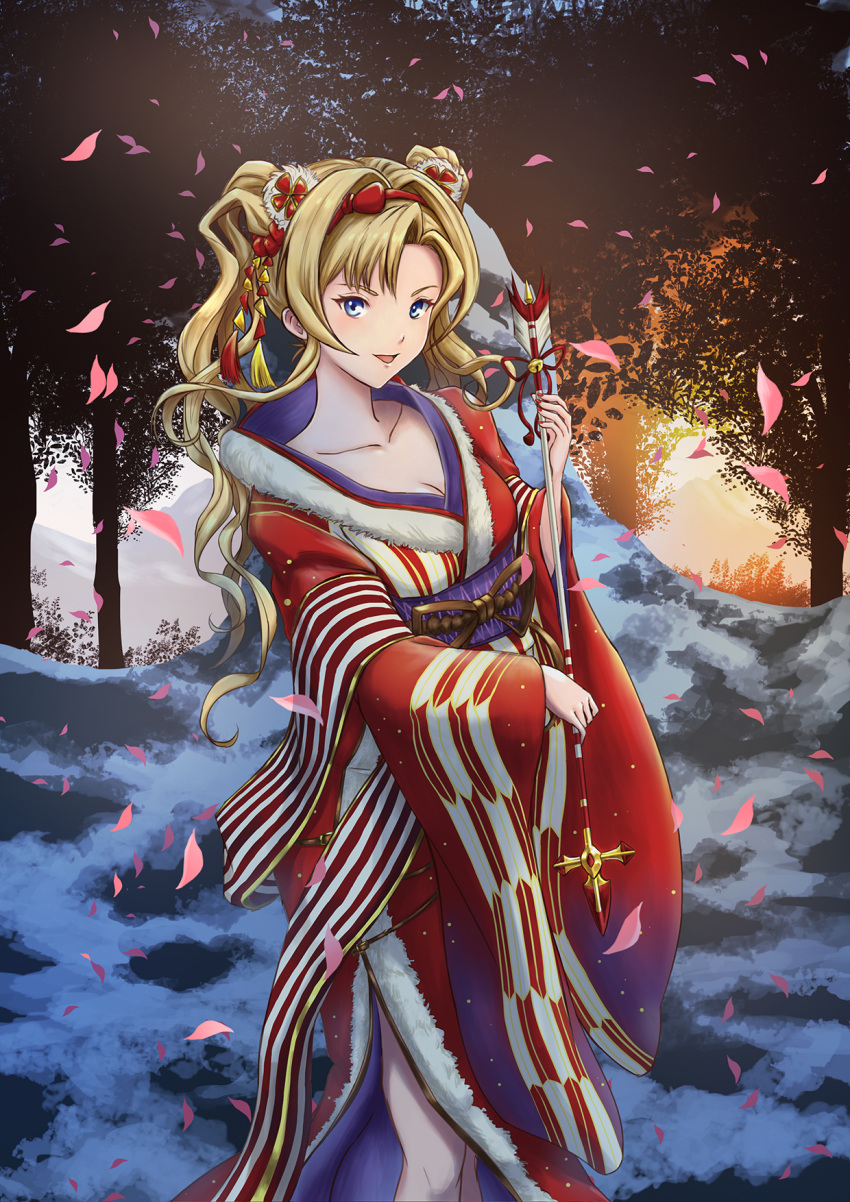 1girl :d arrow blonde_hair blue_eyes breasts cherry_blossoms cleavage collarbone granblue_fantasy hair_ornament hair_ribbon hamaya highres japanese_clothes kimono legendpoon long_hair open_mouth petals ribbon side_slit smile solo twintails wavy_hair zeta_(granblue_fantasy)