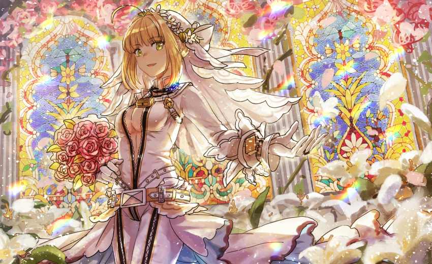1girl ahoge belt blonde_hair bodysuit bouquet breasts chains cleavage cowboy_shot fate/extra fate/extra_ccc fate/grand_order fate_(series) flower full-length_zipper gloves green_eyes hair_intakes highres holding holding_bouquet large_breasts lock looking_at_viewer mento nero_claudius_(bride)_(fate) nero_claudius_(fate)_(all) padlock red_flower red_rose rose short_hair smile solo stained_glass veil white_bodysuit white_gloves zipper