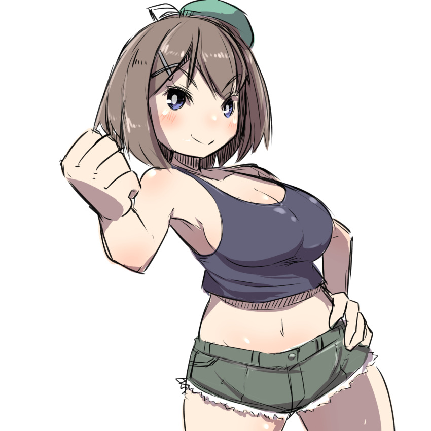 1girl bangs bare_arms bare_shoulders beret black_tank_top blue_eyes blush breasts brown_hair cleavage clenched_hand closed_mouth dutch_angle eyebrows_visible_through_hair green_hat green_shorts hair_ornament hand_on_hip hand_up hat highres kantai_collection large_breasts maya_(kantai_collection) midriff navel short_hair short_shorts shorts simple_background solo tank_top u-non_(annon'an) v-shaped_eyebrows white_background x_hair_ornament