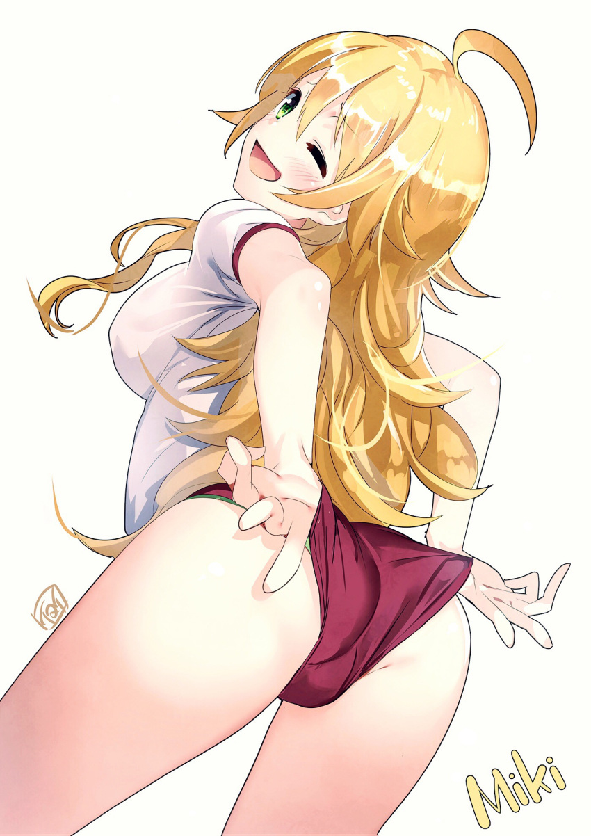 1girl ahoge antenna_hair ass back blonde_hair blush buruma buruma_pull character_name commentary_request eyebrows_visible_through_hair from_behind green_eyes green_panties gym_shirt gym_uniform highres hoshii_miki idolmaster idolmaster_(classic) leaning_forward long_hair looking_at_viewer looking_back one_eye_closed open_mouth panties panty_peek red_buruma shirt short_sleeves signature simple_background smile solo standing underwear white_background white_shirt yamacchi