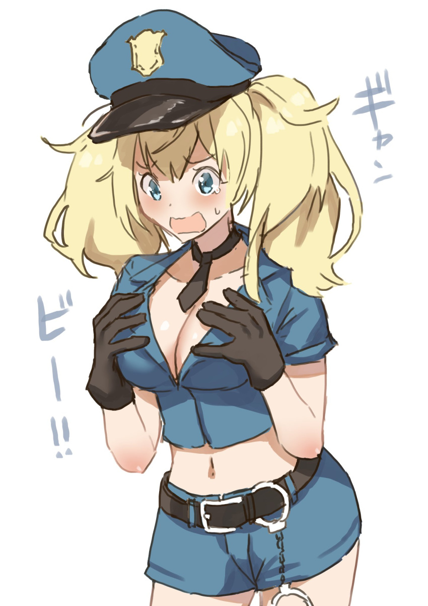1girl belt black_gloves blonde_hair blue_eyes blue_hat blue_jacket blue_shorts blush breasts cleavage commentary_request cowboy_shot crop_top cropped_jacket cuffs gambier_bay_(kantai_collection) gloves handcuffs hands_on_own_chest hat highres jacket kantai_collection large_breasts masukuza_j midriff open_mouth police police_hat police_uniform policewoman short_shorts short_sleeves shorts simple_background solo standing sweatdrop tears twintails uniform white_background