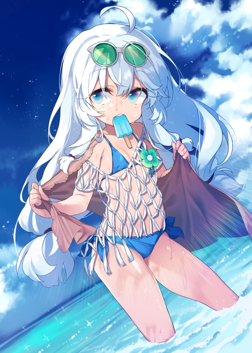 bikini blue_bikini blue_eyes blue_hair blue_swimsuit clouds eyewear_on_head flat_chest food highres long_hair low-tied_long_hair mouth_hold navel ocean popsicle side-tie_bikini sky soul_worker stella_unibell sunglasses swimsuit takotsu wading water