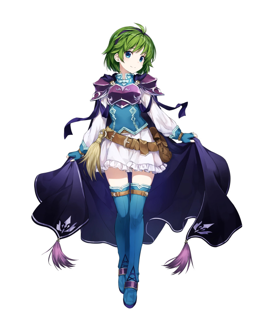 1girl amagai_tarou armor belt belt_pouch blue_eyes boots breastplate cape fingerless_gloves fire_emblem fire_emblem:_rekka_no_ken fire_emblem_heroes frills full_body gloves green_hair hairband highres long_sleeves miniskirt nino_(fire_emblem) official_art pouch shiny shiny_hair short_hair shoulder_armor shoulder_pads skirt smile solo thigh-highs thigh_boots white_skirt zettai_ryouiki