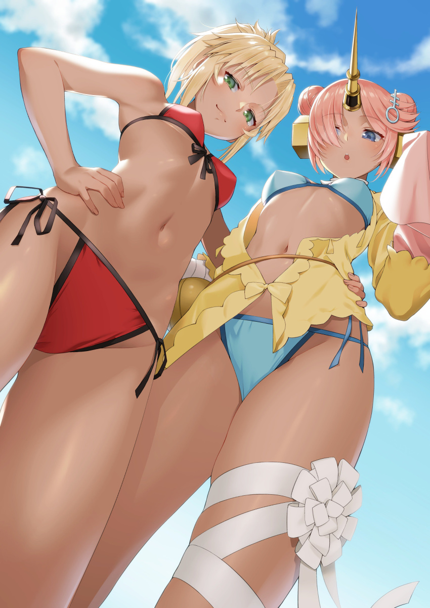 2girls absurdres arm_around_waist bikini blonde_hair blue_bikini blue_eyes blue_sky breasts commentary_request day double_bun fate/grand_order fate_(series) foreshortening frankenstein's_monster_(fate) frankenstein's_monster_(swimsuit_saber)_(fate) from_below front-tie_bikini front-tie_top green_eyes hair_ornament hair_over_one_eye hand_on_hip highres horn leg_ribbon looking_at_viewer looking_down mordred_(fate)_(all) mordred_(swimsuit_rider)_(fate) multiple_girls navel outdoors pink_hair ponytail red_bikini ribbon saruchitan short_hair side-tie_bikini sky sleeves_past_wrists small_breasts swimsuit tan