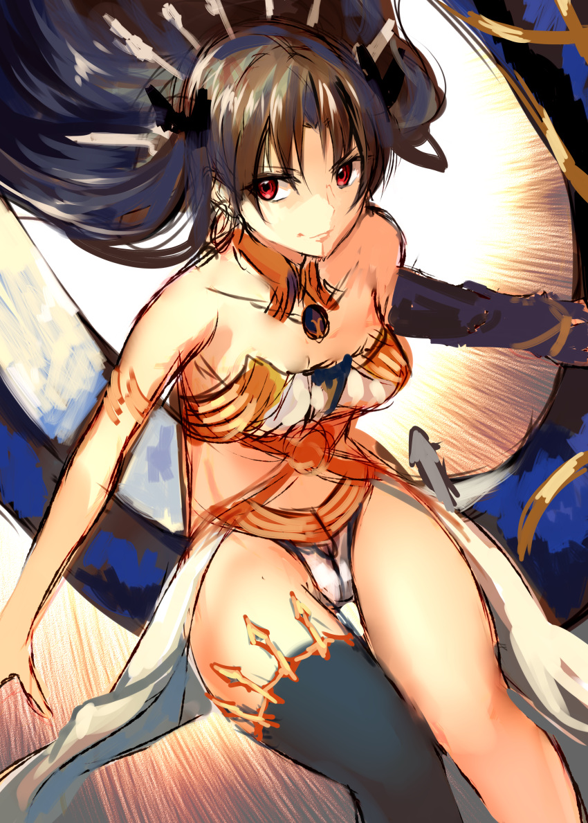 1girl absurdres armlet bare_shoulders black_hair black_legwear black_ribbon breasts closed_mouth collarbone earrings eyebrows_visible_through_hair fate/grand_order fate_(series) floating_hair hair_ribbon heavenly_boat_maanna highres hoop_earrings ishtar_(fate/grand_order) jewelry long_hair long_sleeves red_eyes ribbon single_sleeve single_thighhigh sketch small_breasts smile solo sukemyon thigh-highs thigh_gap thighs