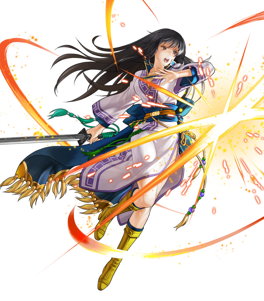 1girl bangs black_hair boots breasts brown_footwear fire_emblem fire_emblem:_rekka_no_ken fire_emblem_heroes full_body grey_eyes highres holding holding_sword holding_weapon karla kita_senri knee_boots long_hair long_sleeves looking_away medium_breasts official_art open_mouth shiny shiny_hair side_slit solo sword transparent_background weapon