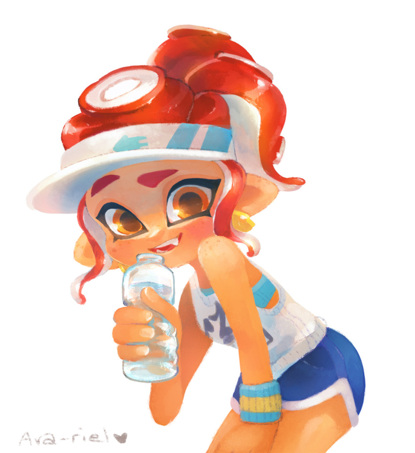 1girl ava-riel bent_over bottle domino_mask earrings eyebrows highres inkling jewelry looking_at_viewer mask octoling open_mouth orange_eyes pointy_ears ponytail redhead shorts simple_background splatoon splatoon_2 tank_top visor water_bottle white_background wristband
