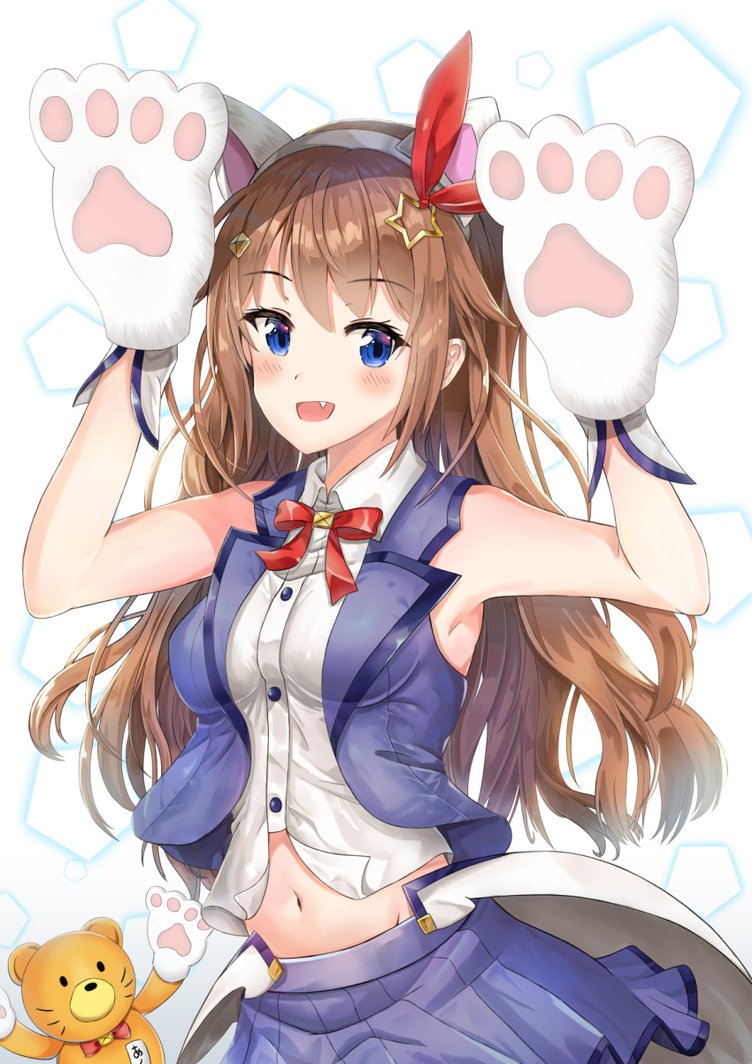 animal_ears blue_eyes bow brown_hair cat_ears commentary_request highres jacket long_hair looking_at_viewer skirt synn032 tokino_sora tokino_sora_channel virtual_youtuber white_background
