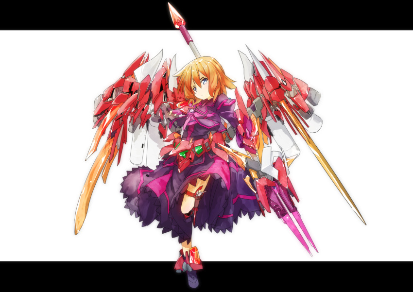 1girl adapted_costume alternate_weapon armor armored_dress bangs black_dress black_footwear boots brooch bygddd5 closed_mouth commentary_request dress gundam gundam_build_fighters highres holding holding_weapon jewelry leg_up letterboxed light_frown long_dress long_sleeves looking_at_viewer luciferion lyrical_nanoha mechanical_wings partial_commentary short_hair solo standing standing_on_one_leg stern_starks thigh_strap weapon white_background wing_gundam_zero_flame wings
