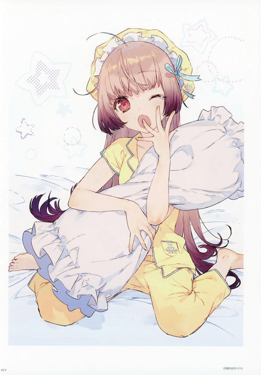 1girl absurdres atelier_(series) atelier_lydie_&amp;_suelle bed blush bow dakimakura_(object) hat highres long_hair looking_at_viewer noco_(adamas) official_art one_eye_closed open_mouth pajamas pillow ribbon scan solo suelle_marlen yawning yuugen