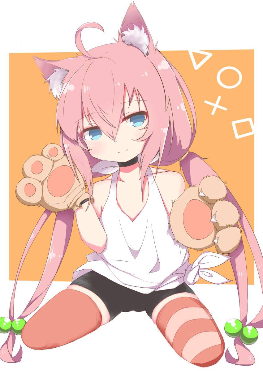 1girl absurdres ahoge animal_ears arms_up bike_shorts blue_eyes cat_ears choker gloves hair_bobbles hair_ornament highres hinata_channel long_hair low_twintails mismatched_legwear nekomiya_hinata orange_legwear paw_gloves paws pink_hair shorts sitting smile solo striped striped_legwear thigh-highs twintails vest virtual_youtuber white_vest wristband