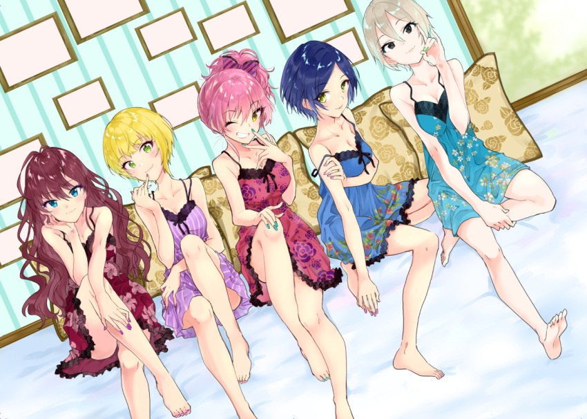 5girls ;) bangs bare_shoulders barefoot black_eyes blonde_hair blue_dress blue_eyes blue_hair blush breasts brown_hair cleavage dress earrings eyebrows_visible_through_hair floral_print fox_shadow_puppet full_body green_eyes grin hair_between_eyes hayami_kanade ichinose_shiki idolmaster idolmaster_cinderella_girls indoors jewelry jougasaki_mika legs_crossed lipps_(idolmaster) lips long_hair looking_at_viewer medium_breasts miyabi_akino miyamoto_frederica multiple_girls nail_polish one_eye_closed parted_bangs pillow pink_hair ponytail purple_dress red_dress shiomi_shuuko short_hair sitting smile spaghetti_strap strap_slip striped teeth vertical-striped_dress vertical_stripes wavy_hair yellow_eyes