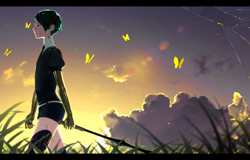 1other androgynous artist_request bug butterfly clouds colored_eyelashes crack cracked gem_uniform_(houseki_no_kuni) golden_arms grass green_eyes green_hair highres houseki_no_kuni insect letterboxed necktie outdoors phosphophyllite sad scenery short_hair sky solo sparkle sunset sword weapon