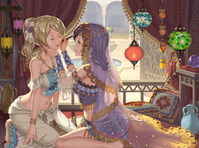 2girls applying_makeup aqua_eyes arabian_clothes armlet ayase_eli balcony barefoot blonde_hair bracelet closed_eyes collarbone commentary_request crop_top crystal_ball curtains cushion detached_sleeves face-to-face flower fringe gem hair_flower hair_ornament half-closed_eyes halterneck hand_on_another's_cheek hand_on_another's_face harem_pants head_chain indoors jewelry kneeling lantern looking_at_another love_live! love_live!_school_idol_project makeup_brush midriff multiple_girls navel pants pitcher ponytail purple_hair railing sidelocks sitting smile thigh_strap tomiwo toujou_nozomi vase veil