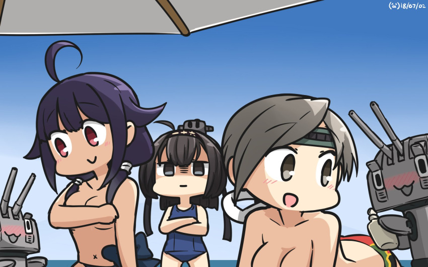 3girls :d ahoge akizuki_(kantai_collection) black_hair blue_eyes blue_swimsuit blush breasts chitose_(kantai_collection) chou-10cm-hou-chan crossed_arms dated empty_eyes grey_eyes grey_hair hair_flaps hamu_koutarou highres kantai_collection large_breasts long_hair low_twintails multiple_girls one-piece_swimsuit open_mouth ponytail purple_hair red_eyes school_swimsuit smile swimsuit taigei_(kantai_collection) twintails