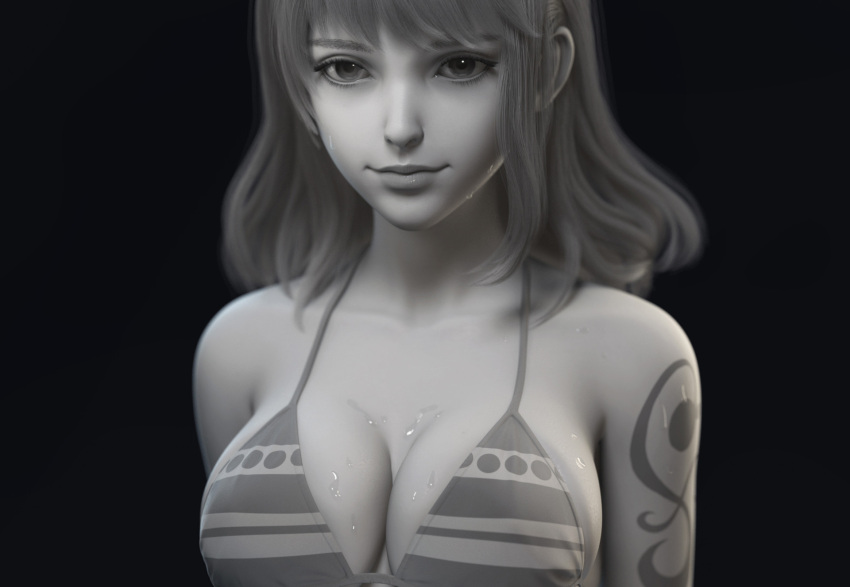 1girl arms_at_sides bangs bikini bikini_top breasts cleavage collarbone greyscale highres large_breasts long_hair looking_at_viewer monochrome nami_(one_piece) one_piece shadow shousizhe simple_background solo standing stitched sweat swimsuit tattoo third-party_edit under_boob upper_body wet