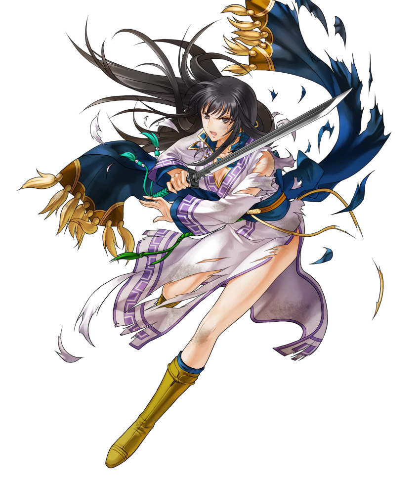 1girl bangs bare_shoulders black_hair boots breasts brown_footwear dirty fire_emblem fire_emblem:_rekka_no_ken fire_emblem_heroes full_body grey_eyes highres holding holding_sword holding_weapon karla kita_senri knee_boots long_hair long_sleeves looking_at_viewer medium_breasts official_art scar shiny shiny_hair solo sword torn_clothes transparent_background weapon