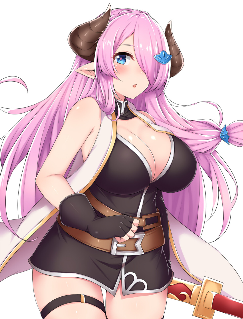 1girl belt black_gloves blue_eyes bottomless braid breasts cleavage draph etan14 gloves granblue_fantasy hair_ornament hair_over_one_eye hairclip highres horns katana large_breasts lavender_hair long_hair low_tied_hair narmaya_(granblue_fantasy) pointy_ears purple_hair single_braid single_thighhigh sleeveless solo sword thigh-highs thigh_strap weapon