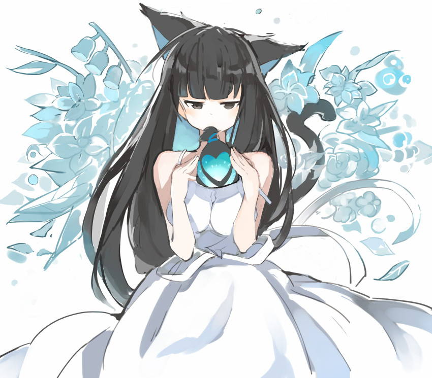1girl animal_ears bangs bare_shoulders black_hair blue_flower brown_eyes cat_ears cat_girl cat_tail covered_mouth dress flower hands_up heart highres holding long_hair looking_at_viewer mitu_yang original ribbon sleeveless sleeveless_dress solo tail tail_raised very_long_hair white_background white_dress white_ribbon