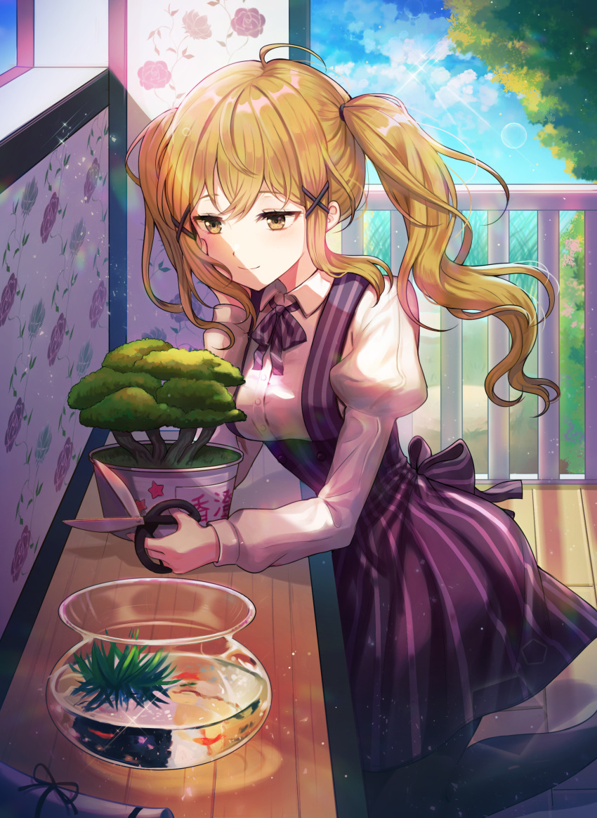 1girl absurdres ahoge bang_dream! bangs black_legwear blonde_hair bonsai brown_eyes chin_rest collared_shirt dress fish fishbowl goldfish hair_ornament half-closed_eyes highres ichigaya_arisa juliet_sleeves light_brown_hair long_sleeves neck_ribbon outdoors pantyhose pinafore_dress puffy_sleeves railing ribbon scissors shirt sidelocks smile solo striped striped_legwear tokkyu_(user_mwwe3558) twintails vertical-striped_dress vertical_stripes wallpaper_(object) wooden_floor x_hair_ornament yellow_eyes