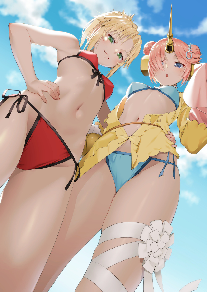 2girls absurdres arm_around_waist bikini blonde_hair blue_bikini blue_eyes blue_sky breasts commentary_request day double_bun fate/grand_order fate_(series) foreshortening frankenstein's_monster_(fate) frankenstein's_monster_(swimsuit_saber)_(fate) from_below front-tie_bikini front-tie_top green_eyes hair_ornament hair_over_one_eye hand_on_hip highres horn leg_ribbon looking_at_viewer looking_down mordred_(fate)_(all) mordred_(swimsuit_rider)_(fate) multiple_girls navel outdoors pink_hair ponytail red_bikini ribbon saruchitan short_hair side-tie_bikini sky sleeves_past_wrists small_breasts swimsuit
