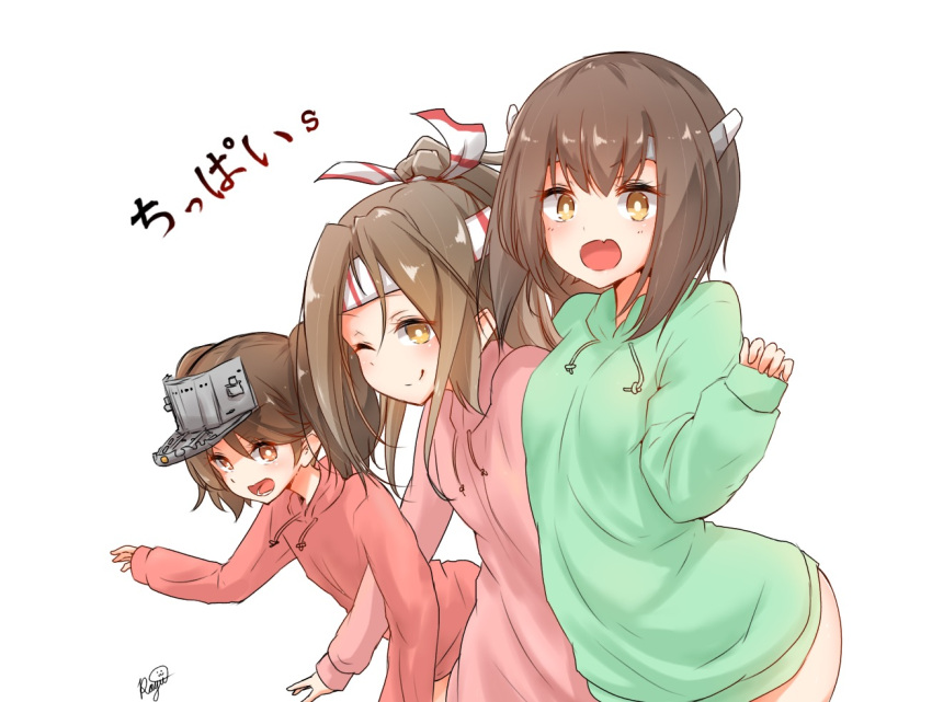 3girls brown_hair fang green_sweater hachimaki headband headgear high_ponytail kantai_collection light_brown_eyes multiple_girls one_eye_closed open_mouth raayu_(0u_rayu) red_sweater ryuujou_(kantai_collection) signature smile sweater taihou_(kantai_collection) translation_request twintails visor_cap zuihou_(kantai_collection)