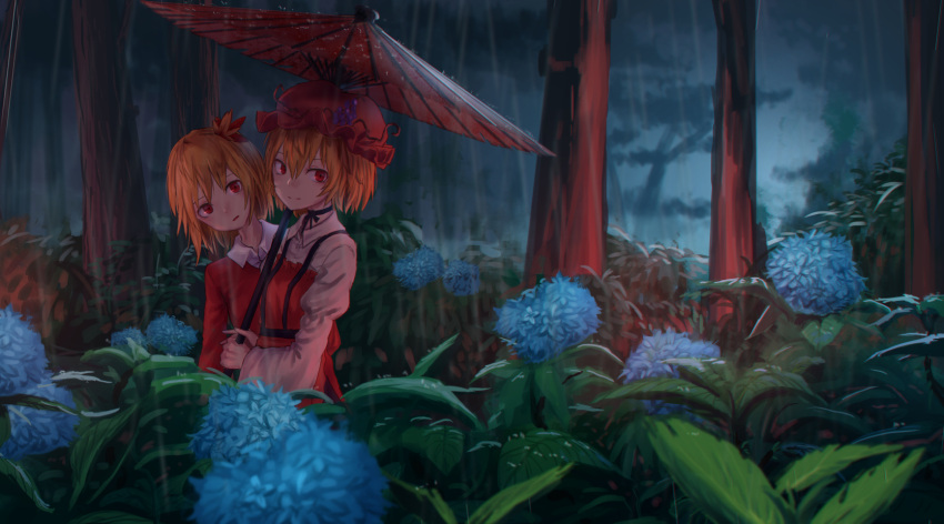 2girls aki_minoriko aki_shizuha black_choker black_ribbon blonde_hair blue_flower choker commentary_request dress flower food_themed_hair_ornament forest grape_hair_ornament hair_between_eyes hair_ornament hat head_tilt highres holding holding_umbrella juliet_sleeves leaf_hair_ornament long_sleeves looking_at_viewer mob_cap multiple_girls nature oriental_umbrella outdoors parted_lips plant puffy_sleeves rain red_dress red_eyes red_hat ribbon ribbon_choker roke_(taikodon) shirt short_hair strapless strapless_dress touhou tree umbrella white_shirt wide_sleeves wing_collar