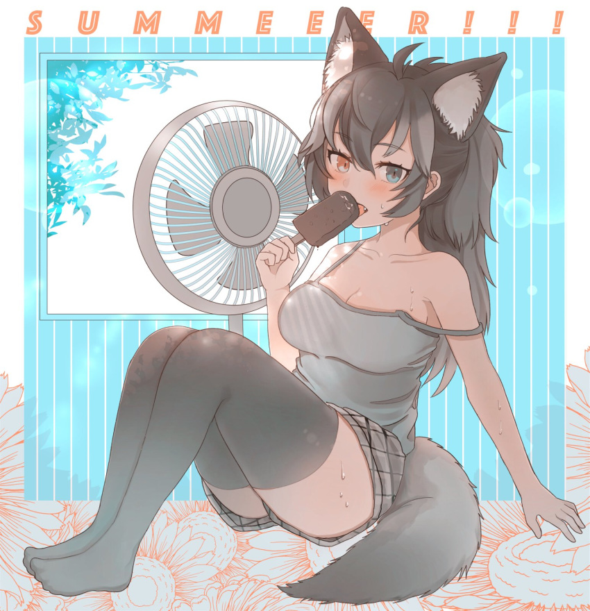 1girl ahoge alternate_costume ancolatte_(onikuanco) animal_ears backlighting bare_arms bare_shoulders black_legwear blue_eyes blush breasts camisole casual cleavage collarbone contemporary electric_fan extra_ears eyebrows_visible_through_hair fang floral_background food full_body grey_camisole grey_hair grey_shorts grey_wolf_(kemono_friends) hair_between_eyes hand_up heterochromia highres holding ice_cream kemono_friends knees_up lens_flare licking long_hair looking_at_viewer medium_breasts off_shoulder outstretched_arm plaid plaid_shorts ponytail red_eyes shorts sitting solo strap_slip summer sweat symbol_commentary tail thigh-highs upshorts window wolf_ears wolf_tail