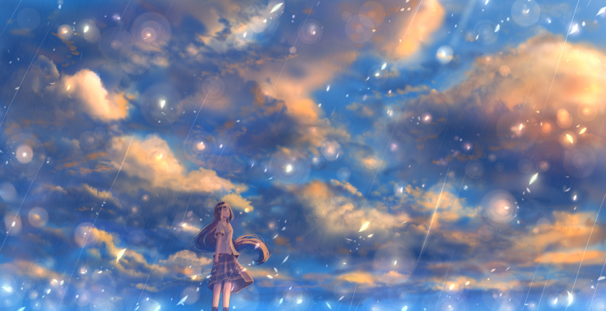 1girl blue_sky brown_hair closed_eyes closed_mouth clouds cloudy_sky commentary_request fantasy feet_out_of_frame light_particles long_hair original outdoors sakimori_(hououbds) scenery shirt short_sleeves skirt sky socks solo very_long_hair white_shirt