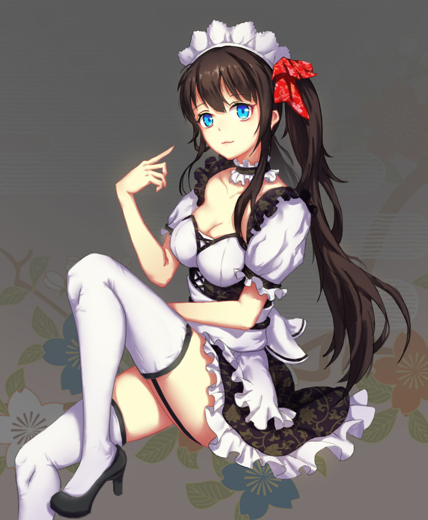 1girl black_skirt blue_eyes blush breasts brown_hair cha_(pixiv12794171) cleavage closed_mouth collarbone eyebrows_visible_through_hair garter_straps high_heels highres large_breasts long_hair looking_at_viewer maid_headdress original ponytail short_sleeves skirt smile solo thigh-highs white_legwear