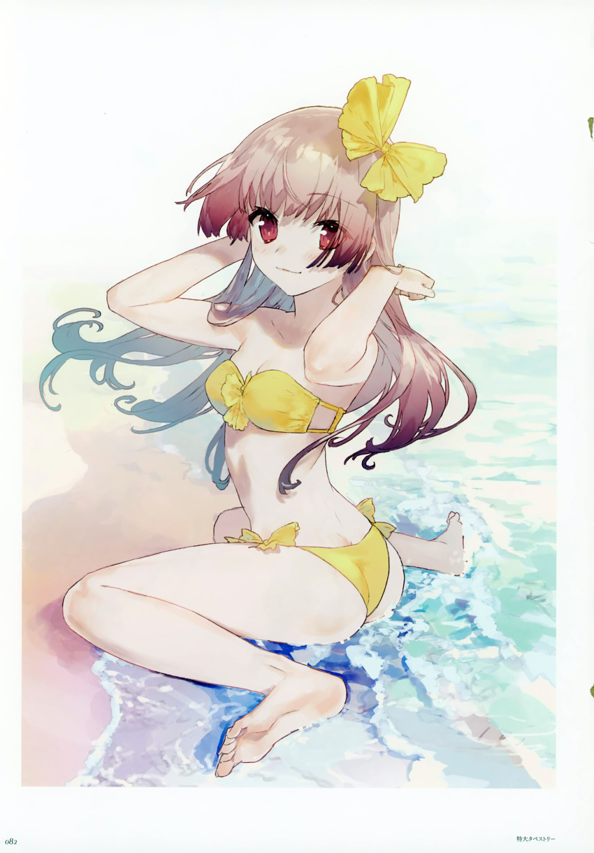 1girl absurdres ass atelier_(series) atelier_lydie_&amp;_suelle beach bikini bow breasts butt_crack cleavage day hair_bow highres long_hair looking_at_viewer noco_(adamas) ocean official_art outdoors pink_eyes pink_hair sand scan suelle_marlen swimsuit yuugen