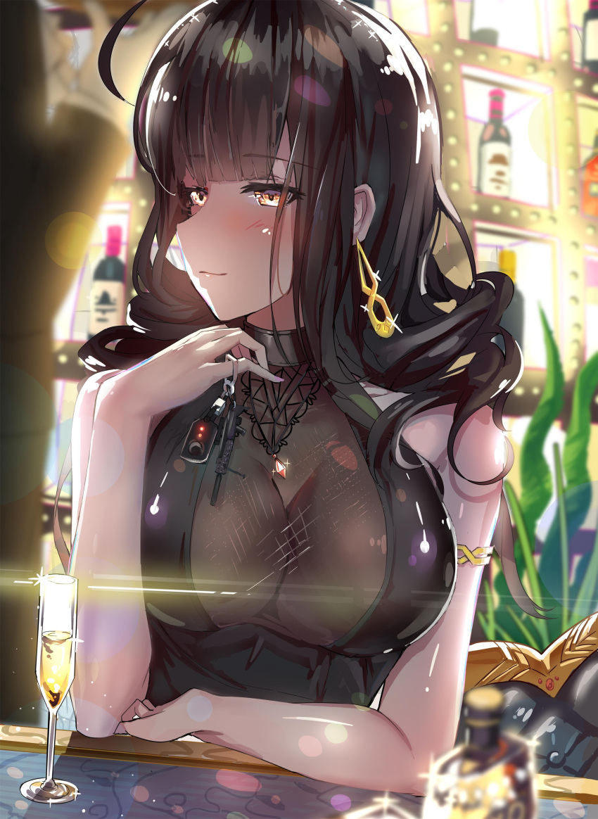 1girl absurdres ahoge alcohol alternate_costume armlet bangs black_dress blunt_bangs blurry blush breasts brown_hair casual champagne_flute choker cleavage closed_mouth cup depth_of_field dress drinking_glass dsr-50_(girls_frontline) earrings elbow_rest eyebrows_visible_through_hair girls_frontline hand_up highres indoors jewelry keyring large_breasts light_particles long_hair looking_to_the_side no_bra red_eyes saprkle sidelocks sitting smile solo upper_body very_long_hair yusan
