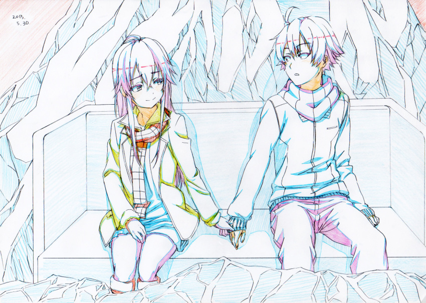 1boy 1girl ahoge bench blue_dress boots closed_mouth couple dated dress eye_contact eyebrows_visible_through_hair green_jacket highres hikigaya_hachiman holding_hand jacket limited_palette long_hair long_sleeves looking_at_another open_clothes open_jacket pants pantyhose pink_x red_scarf scarf short_dress sitting sleeves_past_wrists smile sweater yahari_ore_no_seishun_lovecome_wa_machigatteiru. yukinoshita_yukino