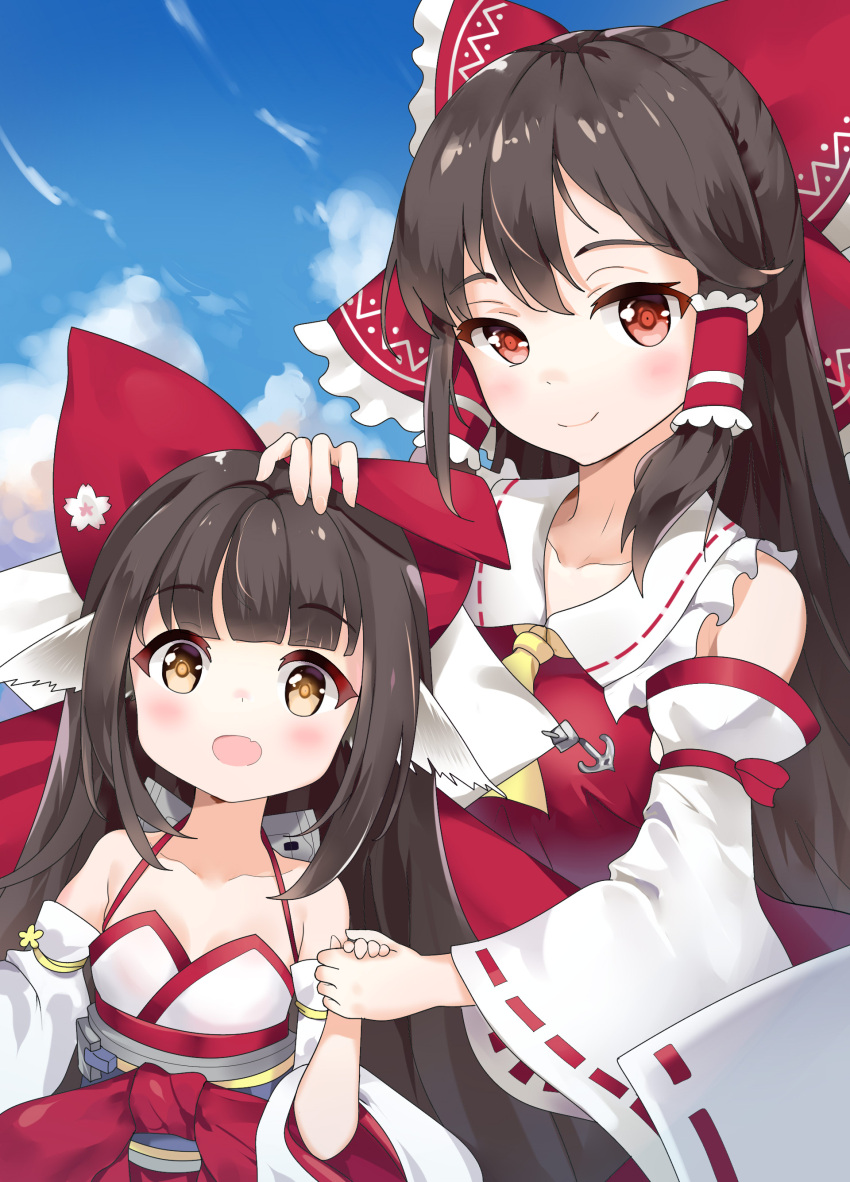 2girls absurdres animal_ears azur_lane black_hair bow clouds collarbone commentary_request detached_sleeves flat_chest hair_bow hair_tubes hakurei_reimu hand_holding hand_on_another's_head harutsuki_(azur_lane) highres little_egg long_hair looking_at_viewer multiple_girls open_mouth red_eyes sky smile touhou yellow_eyes
