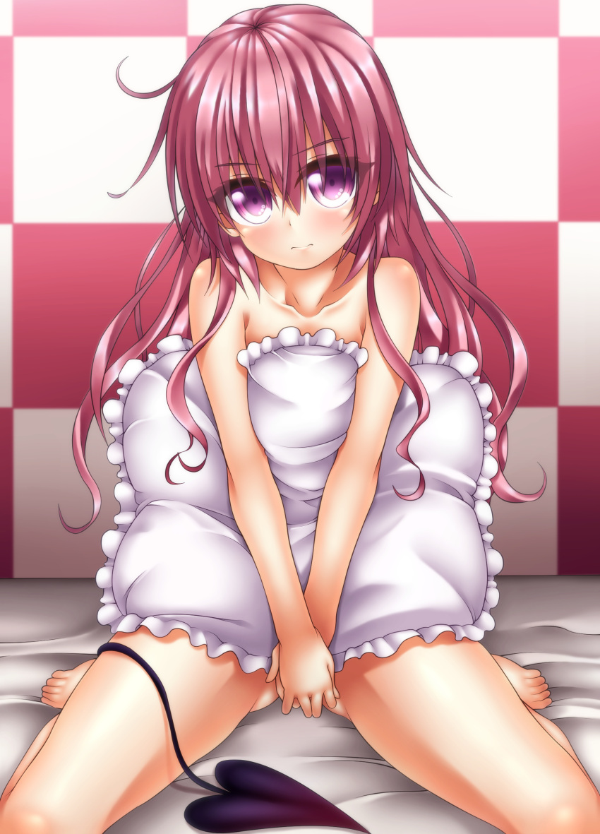 1girl absurdres bangs barefoot bed_sheet blush checkered checkered_background closed_mouth collarbone commentary_request covering covering_crotch demon_tail derivative_work eyebrows_visible_through_hair frilled_pillow frills gluteal_fold hair_between_eyes head_tilt highres long_hair looking_at_viewer nana_asta_deviluke nude_cover oooqqq pillow pink_hair sitting solo tail to_love-ru very_long_hair violet_eyes wariza