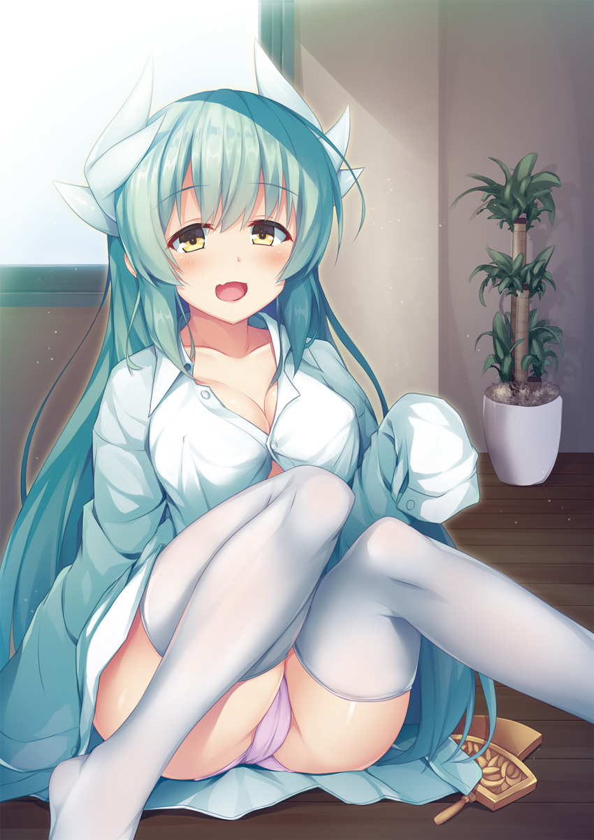 1girl :d aqua_hair bangs blush breasts cleavage collarbone collared_shirt commentary_request dress_shirt eyebrows_visible_through_hair fang fate/grand_order fate_(series) hair_ornament_removed highres horns indoors kiyohime_(fate/grand_order) knees_up long_hair long_sleeves looking_at_viewer medium_breasts no_pants no_shoes on_floor open_mouth panties partially_unbuttoned pink_panties plant potted_plant shirt sitting sleeves_past_fingers sleeves_past_wrists smile solo thigh-highs underwear very_long_hair white_legwear white_shirt window wing_collar wooden_floor yellow_eyes yuki_kawachi