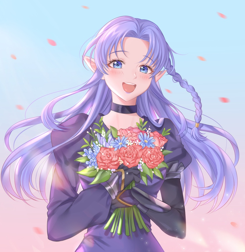 1girl :d blue_eyes blush bouquet braid caster choker fate/stay_night fate_(series) flower gloves highres long_hair medea_(fate)_(all) open_mouth petals pointy_ears purple_hair side_braid smile solo ubi_(ekdus6080)