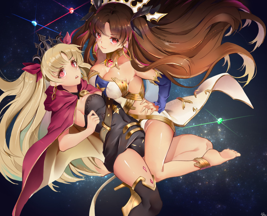 2girls :o alternate_breast_size barefoot black_hair black_legwear black_ribbon blonde_hair breast_press breasts cape cleavage commentary_request crown detached_sleeve earrings ereshkigal_(fate/grand_order) fate/grand_order fate_(series) hair_ribbon hand_on_hip highres hoop_earrings ishtar_(fate/grand_order) jewelry large_breasts light_smile long_hair multiple_girls para3318 red_cape red_eyes red_ribbon ribbon siblings single_thighhigh sisters thigh-highs tohsaka_rin two_side_up