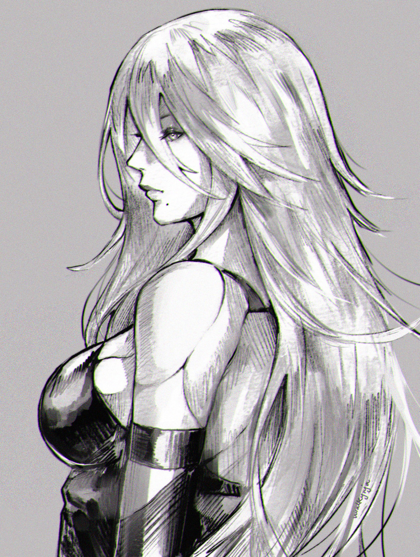 1girl android armlet black_gloves breasts elbow_gloves from_side gloves greyscale hair_between_eyes highres long_hair medium_breasts mole mole_under_mouth monochrome nier_(series) nier_automata nvalkyrja profile robot_joints sideboob silver_hair sketch tank_top yorha_type_a_no._2