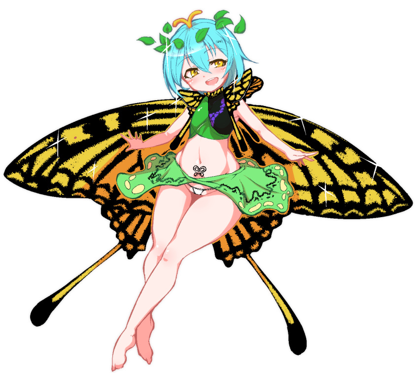 1girl :d barefoot blue_hair butterfly_wings eternity_larva full_body highres midriff navel open_mouth pandain panties short_hair simple_background skirt sleeveless smile solo teeth touhou underwear white_background white_panties wings yellow_eyes