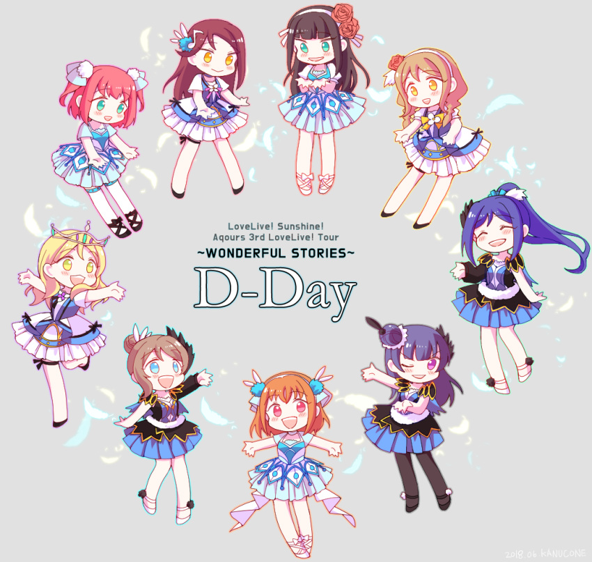 6+girls :&gt; :d ^_^ artist_name black_legwear blonde_hair blue_hair braid brown_hair chibi closed_eyes commentary_request cross-laced_footwear dated feathers flower hair_bun hair_feathers hair_flower hair_ornament kanucone kunikida_hanamaru kurosawa_dia kurosawa_ruby leg_up long_hair love_live! love_live!_sunshine!! matsuura_kanan multiple_girls ohara_mari open_mouth orange_hair outstretched_arms pantyhose pleated_skirt ponytail puffy_short_sleeves puffy_sleeves redhead sakurauchi_riko short_sleeves side_bun single_sleeve skirt smile takami_chika thigh-highs thigh_strap tiara tsushima_yoshiko twin_braids two_side_up watanabe_you water_blue_new_world white_legwear