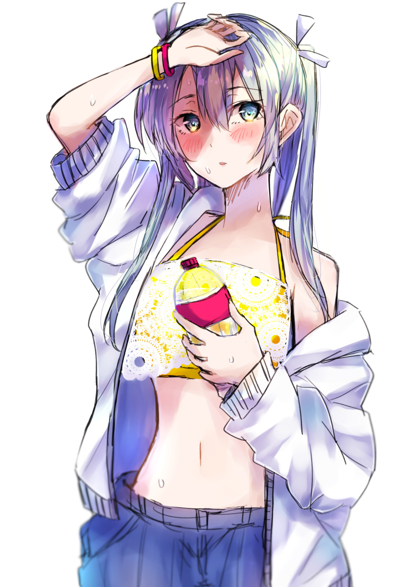 1girl absurdres bare_shoulders blue_pants blush bottle bracelet breasts cowboy_shot hair_between_eyes hair_ribbon hand_over_face highres holding holding_bottle jewelry kantai_collection looking_at_viewer midriff mochiko_(mocchikkoo) navel pants ribbon simple_background small_breasts solo sweat sweater twintails white_background white_ribbon white_sweater yellow_bikini_top zuikaku_(kantai_collection)