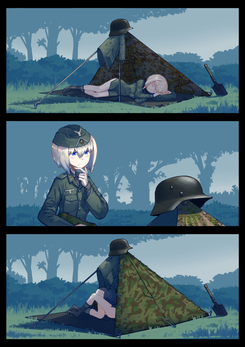 2girls blonde_hair blue_eyes comic commentary erica_(naze1940) garrison_cap hat headwear_removed helmet helmet_removed highres implied_yuri military military_uniform multiple_girls no_pants original outdoors short_hair sleeping stahlhelm tent trowel uniform world_war_ii yuri