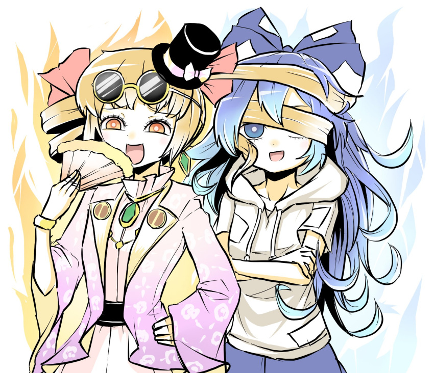 2girls black_hat blonde_hair blue_hair bow commentary crossed_arms drill_hair earrings eyewear_on_head fan folding_fan hand_on_hip hat hat_bow hat_ribbon highres holding holding_fan hood hoodie jacket jewelry long_hair multiple_girls one_eye_covered open_clothes open_jacket open_mouth orange_eyes peroponesosu. purple_jacket ribbon round_eyewear short_sleeves siblings sisters sunglasses top_hat touhou twin_drills white_bow white_ribbon wide_sleeves yellow_eyes yorigami_jo'on yorigami_shion