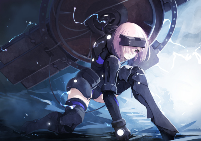 1girl arm_support armored_leotard bangs black_armor black_legwear black_leotard covered_eyes electricity fate/grand_order fate_(series) hair_over_one_eye holding holding_shield leotard looking_away mash_kyrielight one_knee ortenaus parted_lips pink_hair shield short_hair solo thigh-highs vr_visor yunar