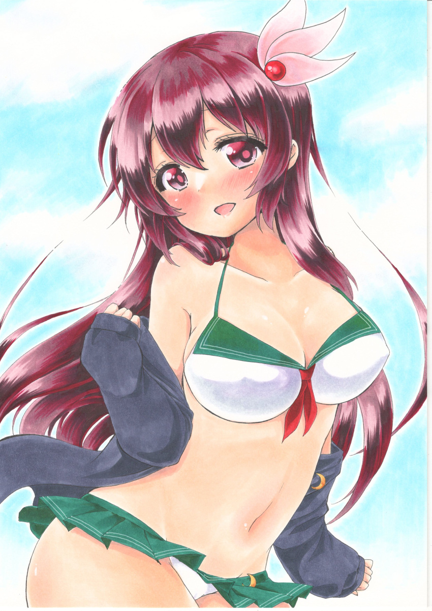 1girl :d absurdres alternate_breast_size blue_sky blush breasts clouds cloudy_sky commentary_request crescent crescent_moon_pin day hair_ornament highres kantai_collection kisaragi_(kantai_collection) large_breasts long_hair looking_at_viewer marker_(medium) navel off_shoulder open_mouth red_eyes redhead sailor_bikini sailor_collar sky smile solo traditional_media yuuki_chima