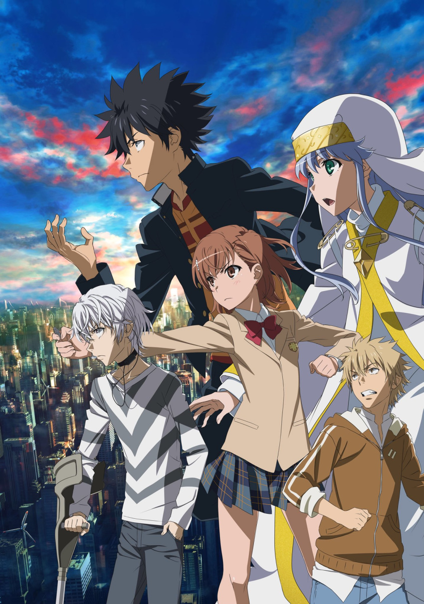 2girls 3boys accelerator artist_request black_hair blazer blue_hair brown_blazer brown_jacket character_request checkered checkered_skirt choker cityscape crutch earphones gakuran green_eyes grey_skirt habit hamazura_shiage highres hood hooded_jacket hoodie index jacket kamijou_touma misaka_mikoto multiple_boys multiple_girls nun official_art plaid plaid_skirt robe safety_pin sakugawa_school_uniform school_uniform shirt skirt spiky_hair striped striped_shirt to_aru_kagaku_no_railgun to_aru_majutsu_no_index tokiwadai_school_uniform