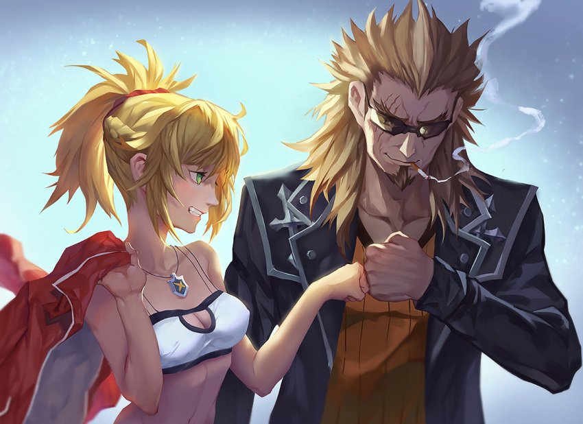 1boy 1girl blonde_hair breasts cleavage cleavage_cutout commentary_request fate/apocrypha fate/grand_order fate_(series) fist_bump green_eyes grin hair_ornament hair_scrunchie holding holding_jacket jacket jewelry ji_wuming mordred_(fate) mordred_(fate)_(all) necklace pixiv_fate/grand_order_contest_2 scar scar_across_eye scrunchie shishigou_kairi short_hair short_ponytail small_breasts smile spiky_hair sunglases